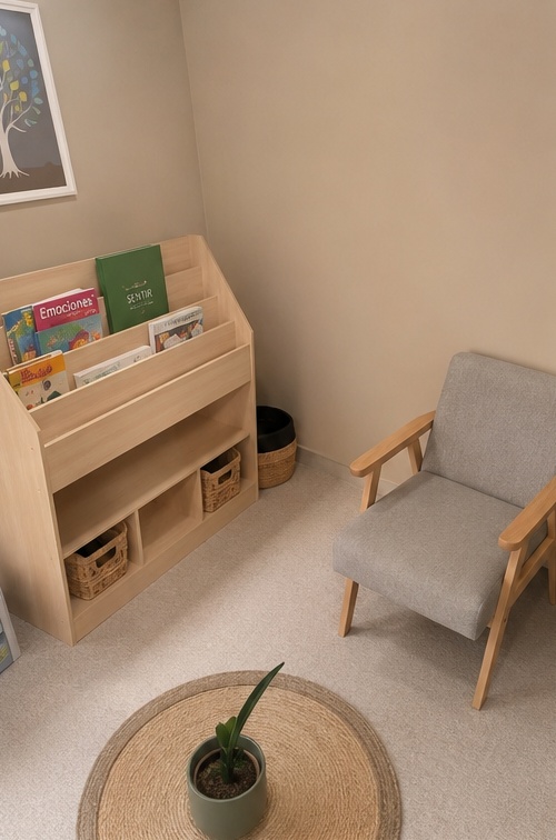 Oficina amoblada con sillón y librería infantil